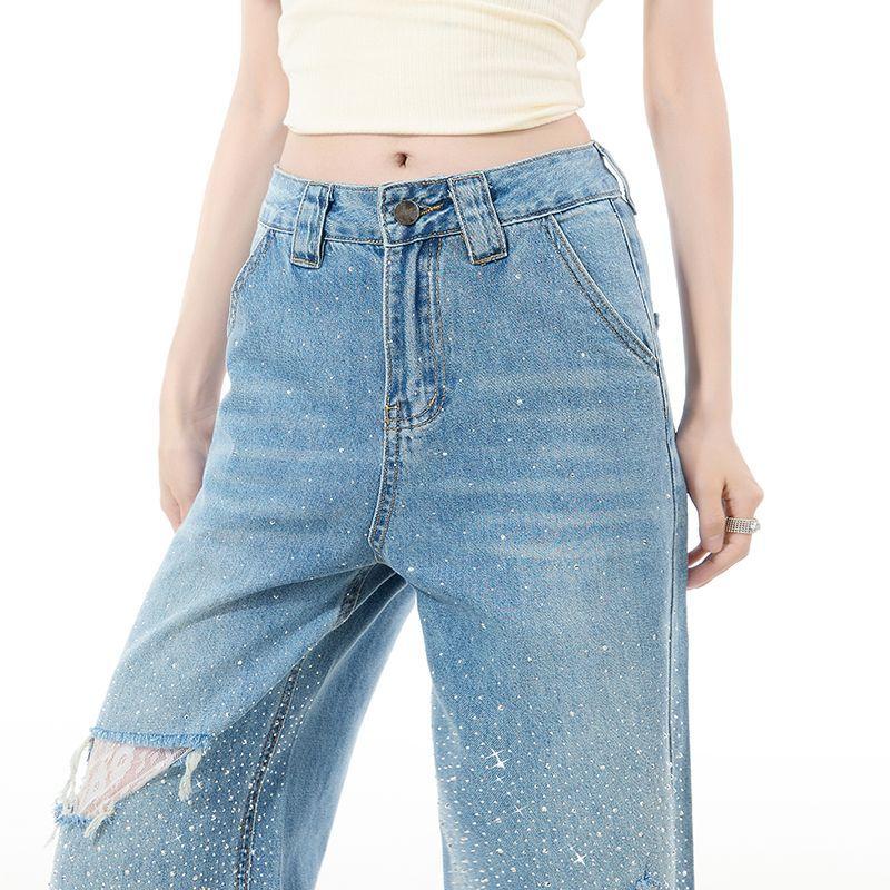 Spring Summer Full Star Rhinestone High Waist Lace Ripped Ins Y2K Trend Floor Drape Denim Pants Ladies Casual Pants Oversize Denim Trousers