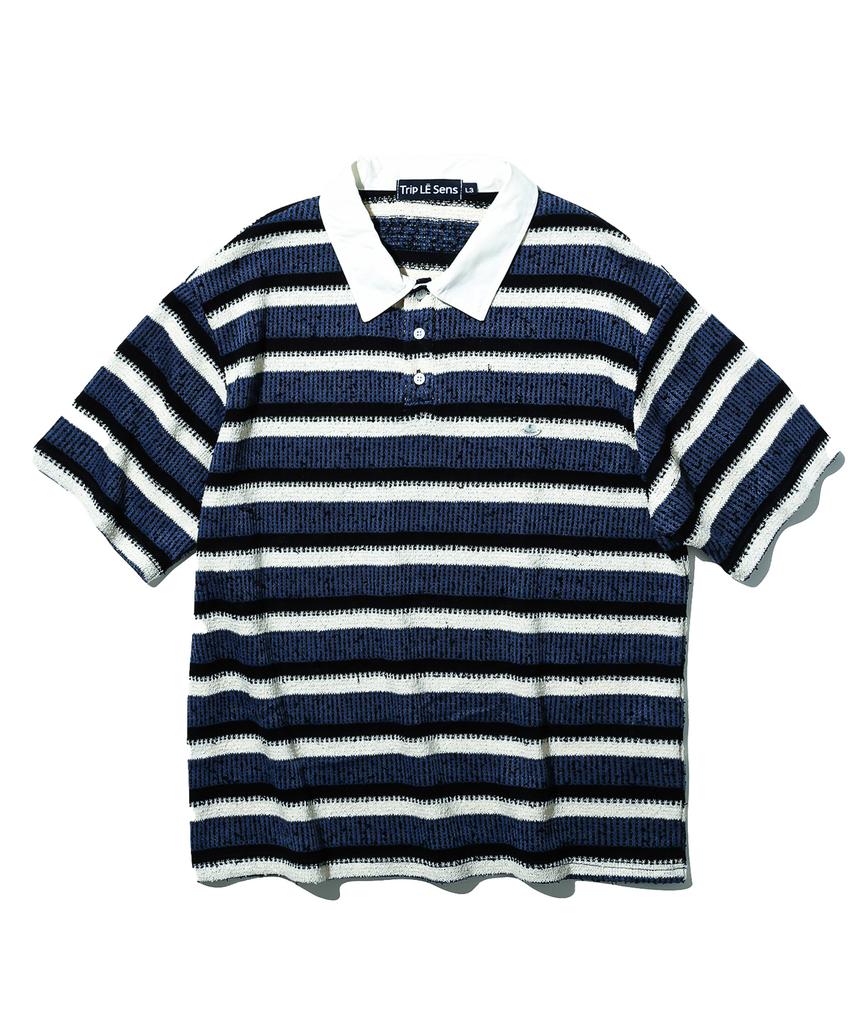 TRIP LE SENS Surfer Stripe Waffle Polo Shirt_Light Gray