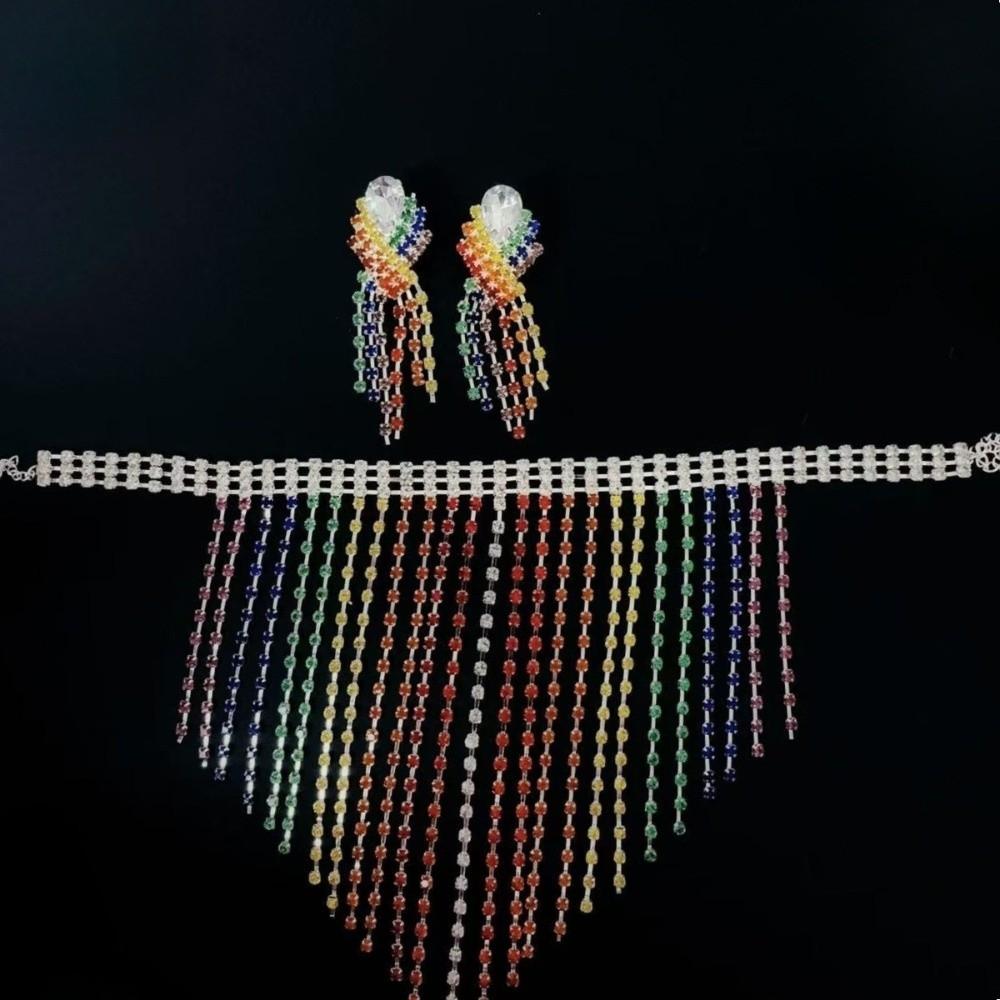 Vintage Rhinestone Crystal Necklace Shiny Ear Studs Luxury Rainbow Tassel Jewelry Set  Girls