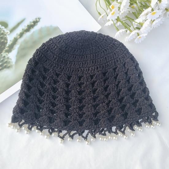 Knitting Hat Bohemian Style Hollow Design Women Hat with Faux Pearls Pendant Lightweight Elastic Hat Headwear