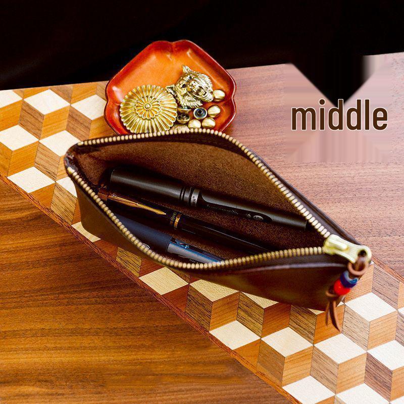 Luxurious Retro Zipper Pencil Case - Handmade, Large Capacity, Oil Wax Leather Pen Box for Students, Fountain Pen Holder