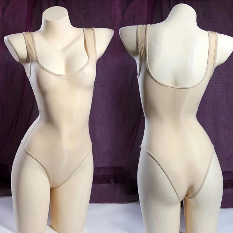 8D Oil Shiny Bodysuit Tops Women Sexy Ultra Thin Transparent Shaping Leotard Jumpsuit Summer Beach Bikini Swimsuit