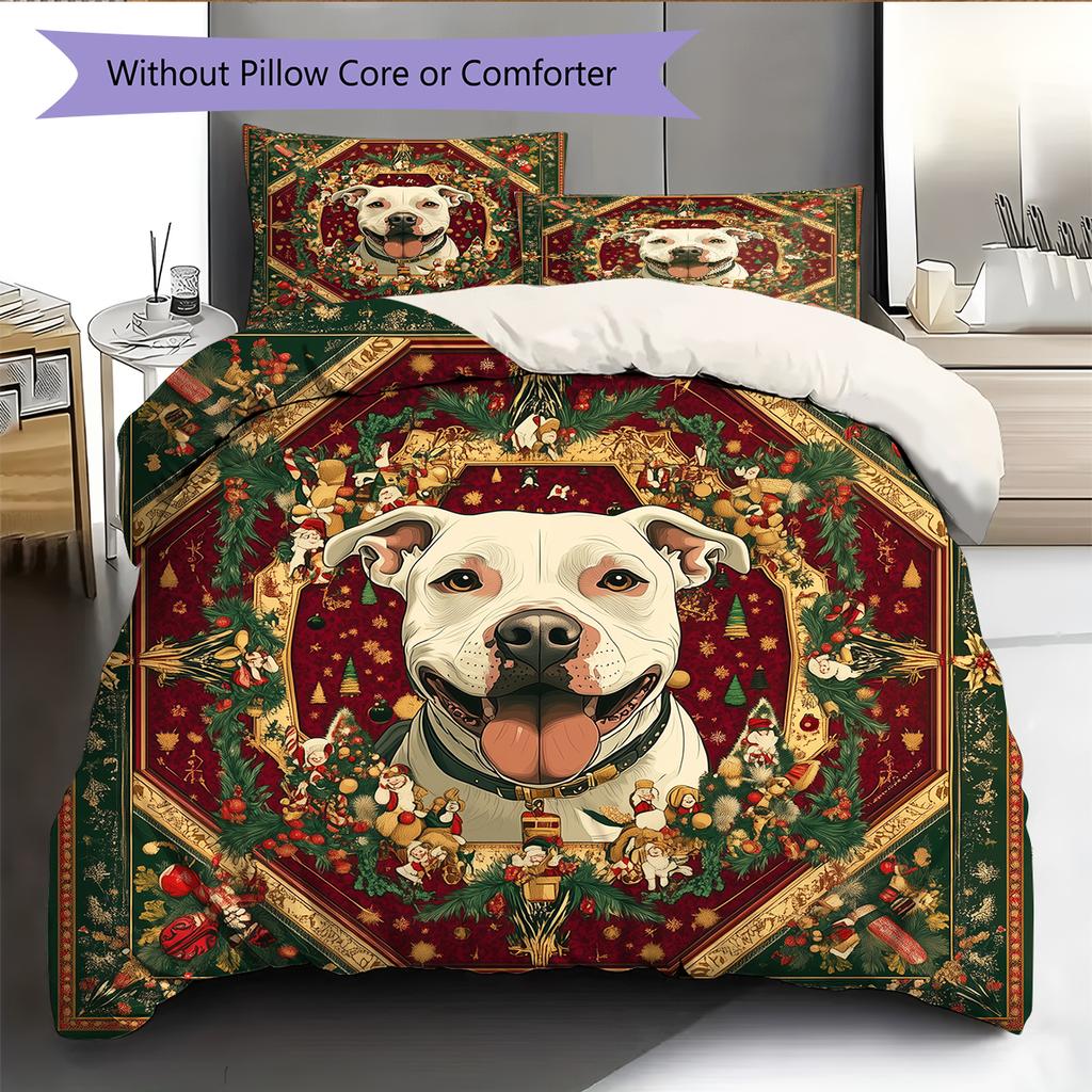 Christmas Pitbull Pattern Bedding Home Decoration Birthday Gift (1 * duvet cover + 2 * pillowcase, without core)