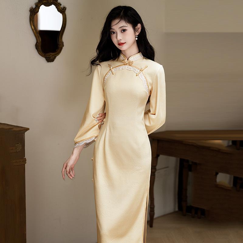 Yellow national style new Chinese long spring long-sleeved cheongsam improved young women s high-end sense retro slim spring and autumn S