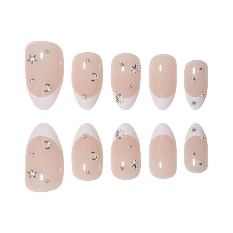 Short Press-On Nails French Tip Star Moon Design Acrylic Nail Tips Women Sweet Style Wearable Art