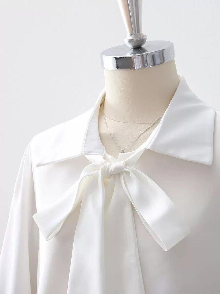 Women's Chic White High-End French Lace-Up Bow Shirt – Stylish New Long-Sleeve Design