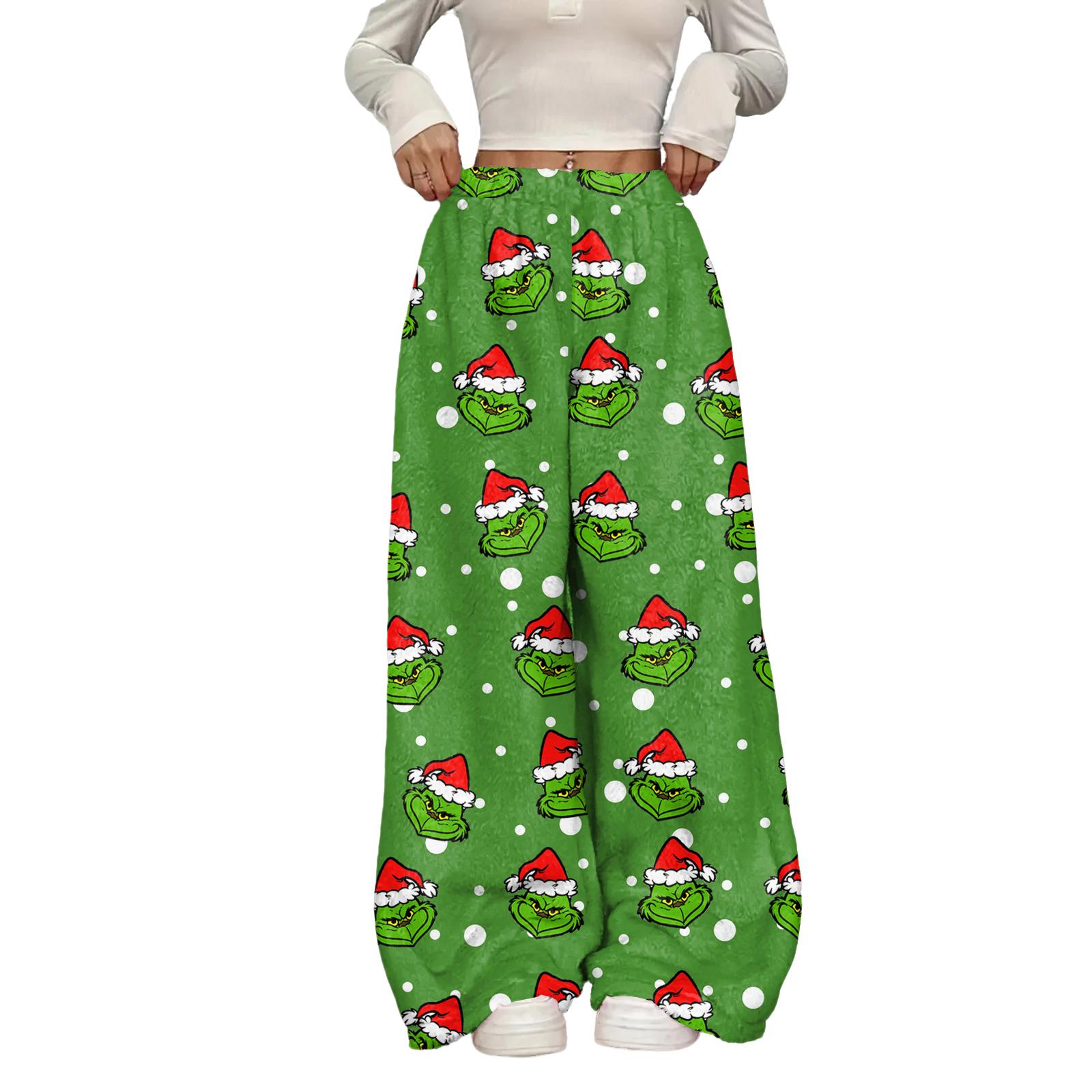 

Women s Casual Christmas Print Elastic Waist Loose Fit With Plush Wide Leg Pants M