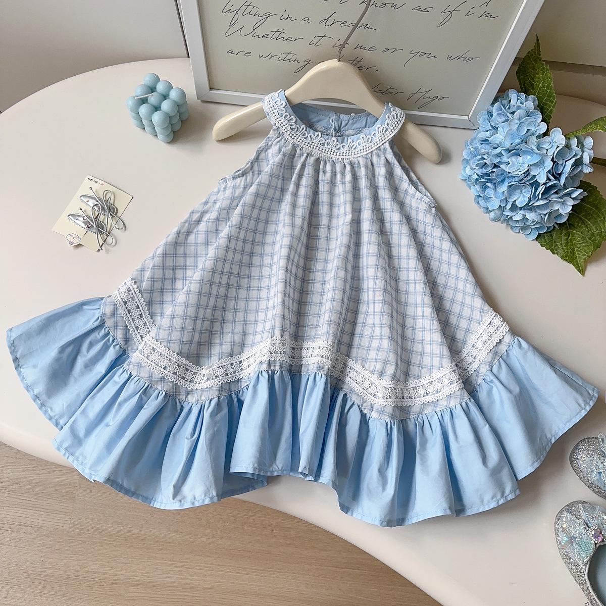Summer Girls Plaid Halter Dress With Lace Trim Vacation Princess Sundress For Kids 90cm