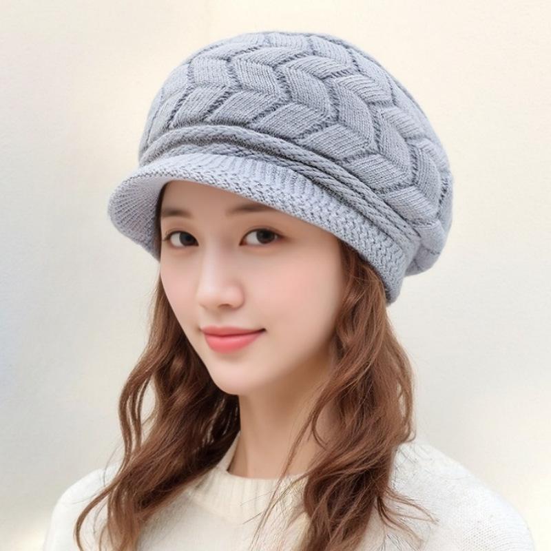 

Женский модный берет: Теплая вязаная шерстяная шапка для осени/зимы с толстым бархатным отворотом