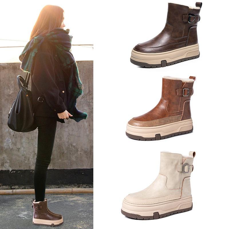 Winter velvet snow boots for women, thick-soled casual leather short boots, high-top thickened warm cotton shoes