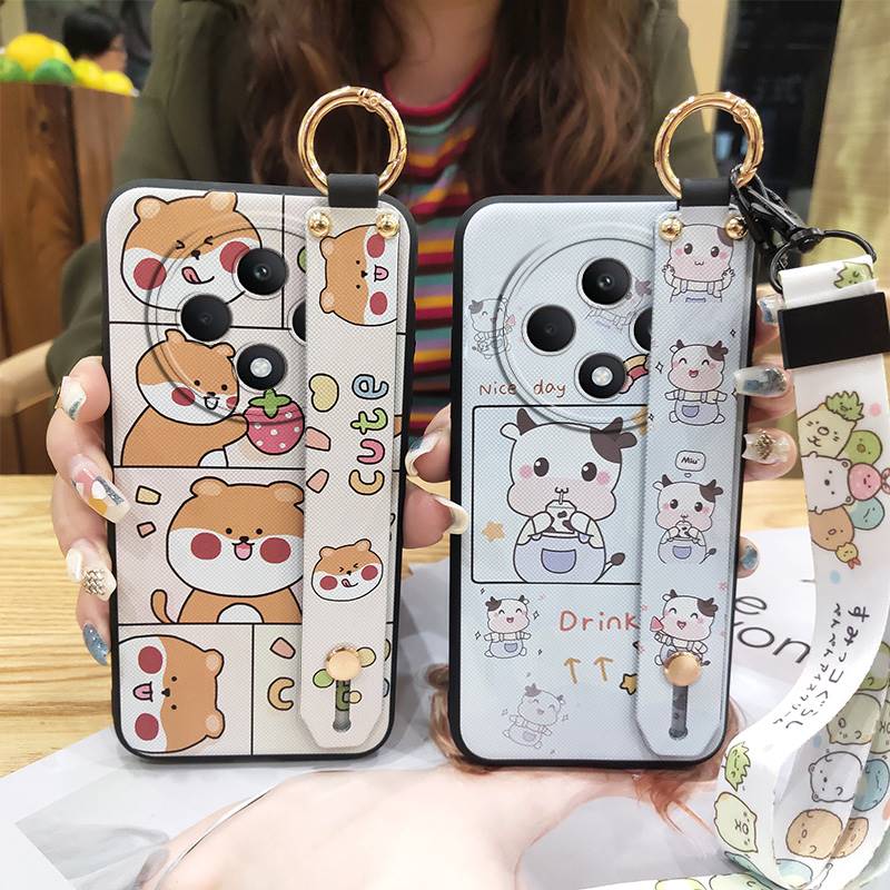 Back Cover Waterproof Phone Case For OPPO Reno12F 5G Silicone Wristband Ring Cartoon Shockproof Anti-knock Wrist Strap