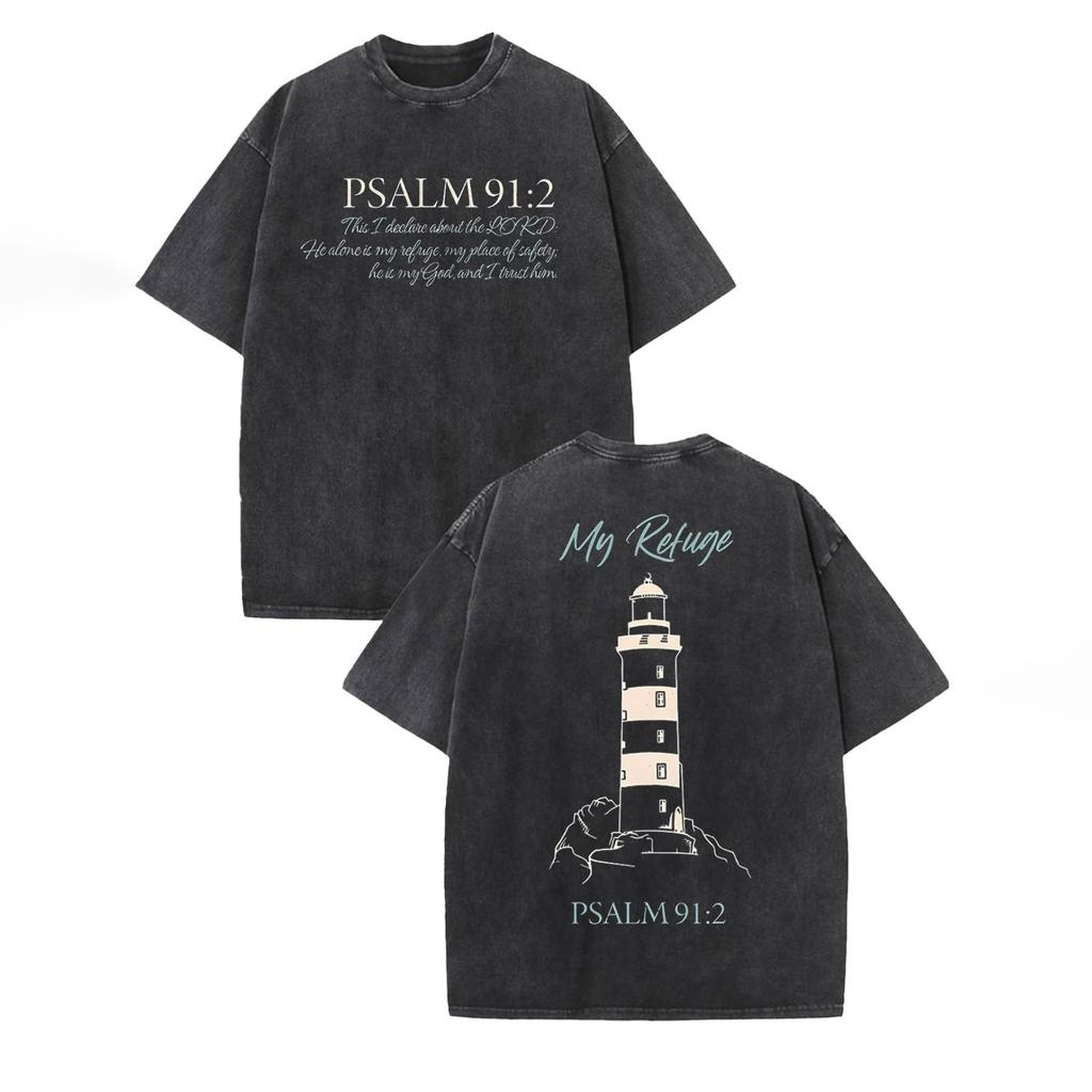 Vintage-washed, Loose-fitting, Comfortable 100% Cotton T-shirt with a “Guardian” Theme, Lighthouse Print, and Poetic Scripture—a Casual-style Top