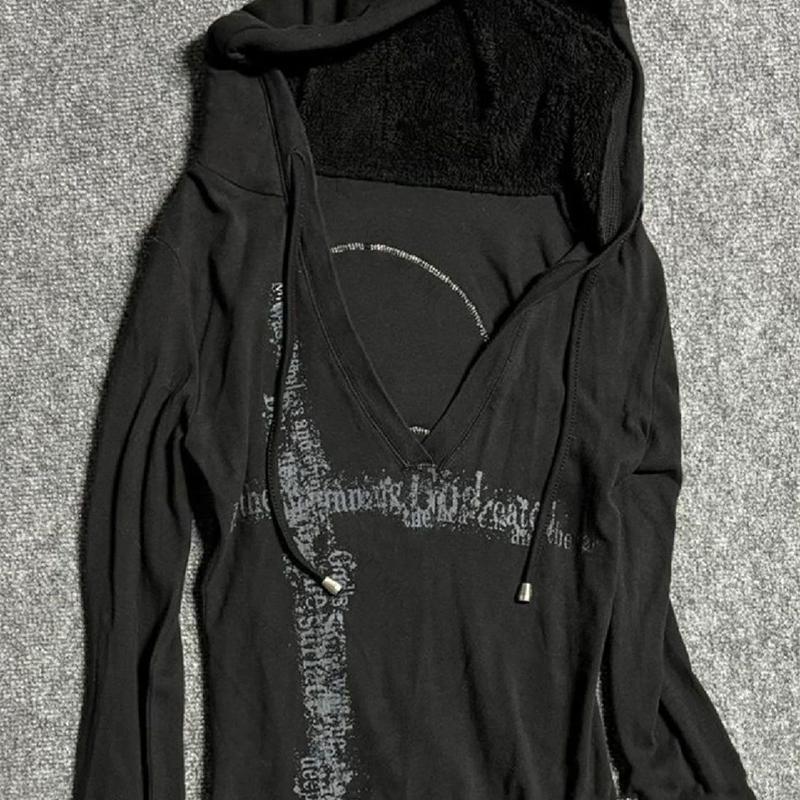 Y2k Black Vintage Printed Hoodies Women V Neck Long Sleeve American Fashion Hooded Sweatshirt Streetwear Hip Hop