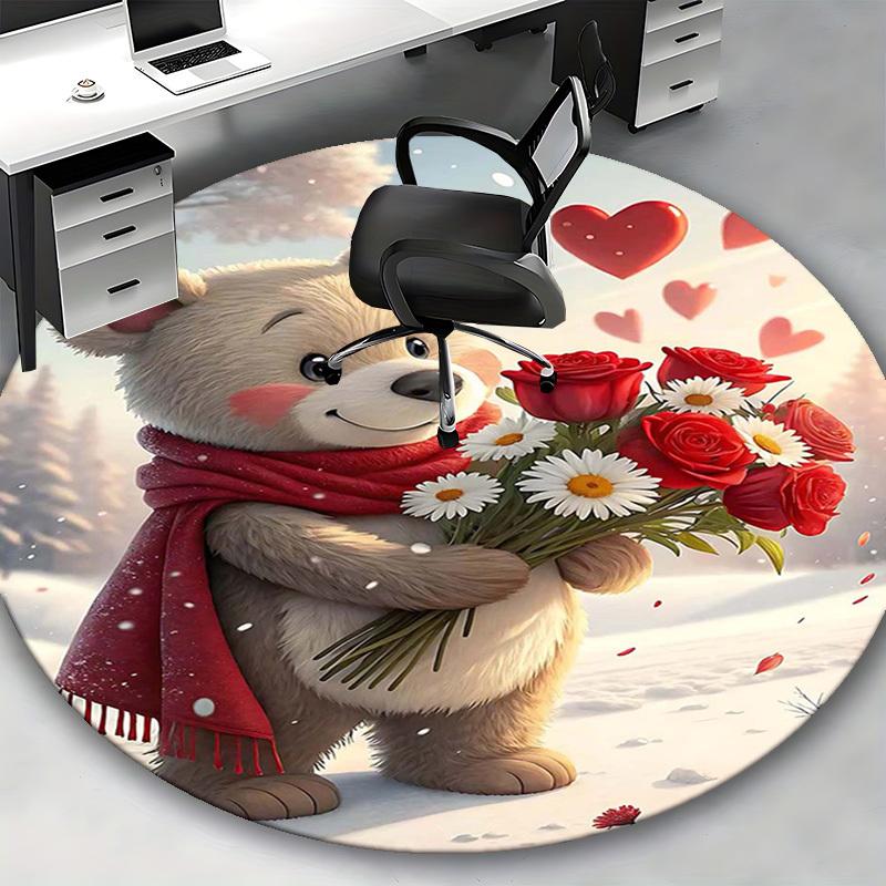 1pc Anime Design Round Carpet - Cute Bear with Flowers, Office Chair Mat, Non-Slip Rug for Home Decor, Seasonal Gift, Suitable for Office and Living R