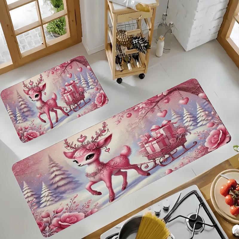 1Pcs Anti Fatigue Kitchen Rugs,Christmas Pink Deer  Print Waterproof Non-Slip Thick Cushioned Kitchen Mat Heavy Duty Comfort Standing Mat for Kitchen