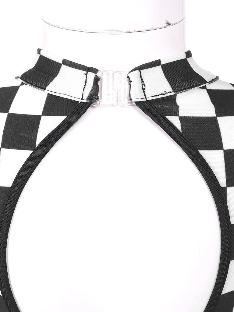 Girls Racer Costume Long Sleeve Sequin Checkerboard Printed Bowknot Keyhole Back Bodysuit Dress Up
