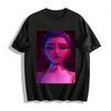 Cyberpunk Style Cool Girl Print Tops Trendy Streetwear Loose Casual Tees with Futuristic Purple Tone Design Pure Cotton T-shirt