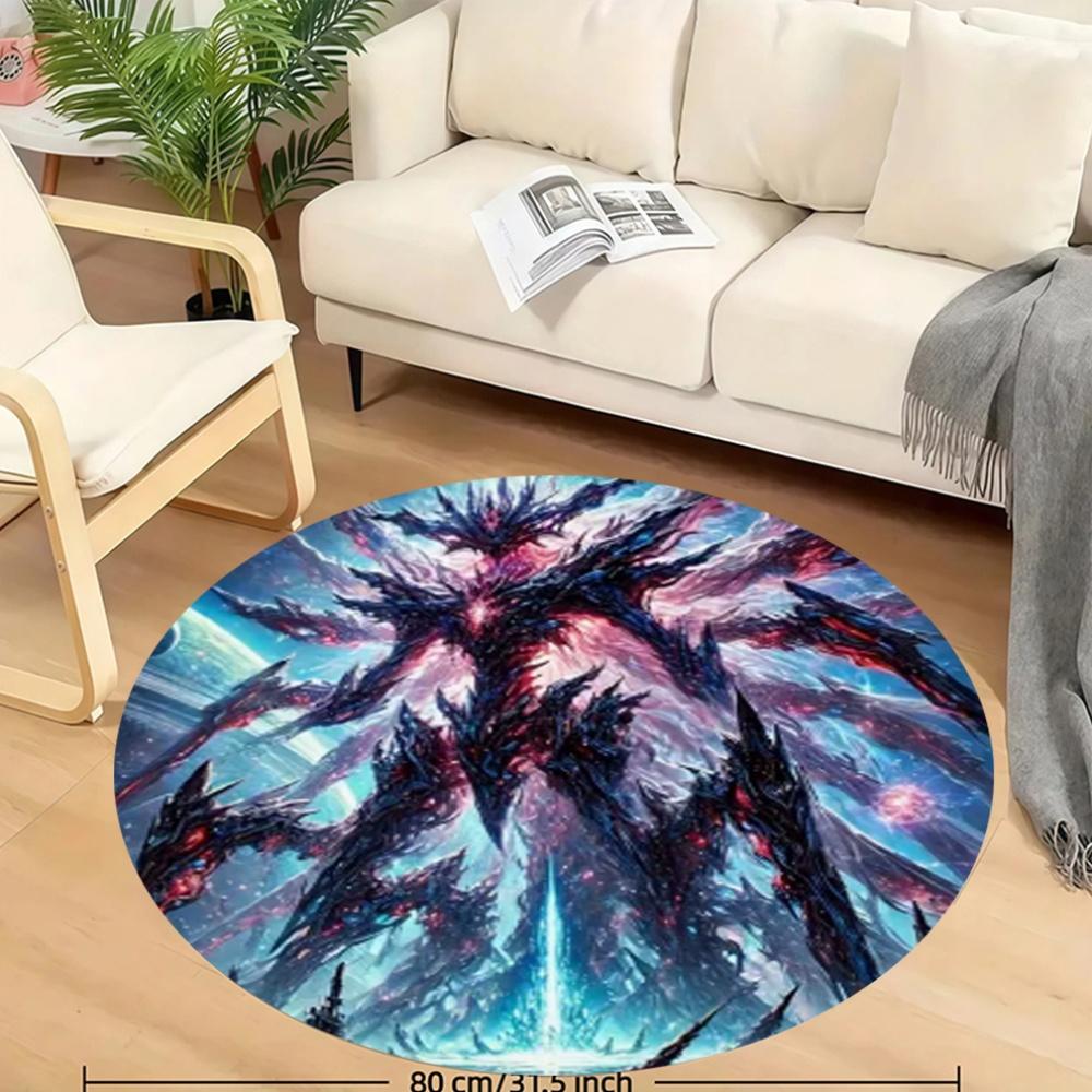 Cosmic Monster Round Rug Flannel Sci Fi Fantasy Floor Mat Gaming Room Decor Alien Creature Galaxy Background Soft Carpet