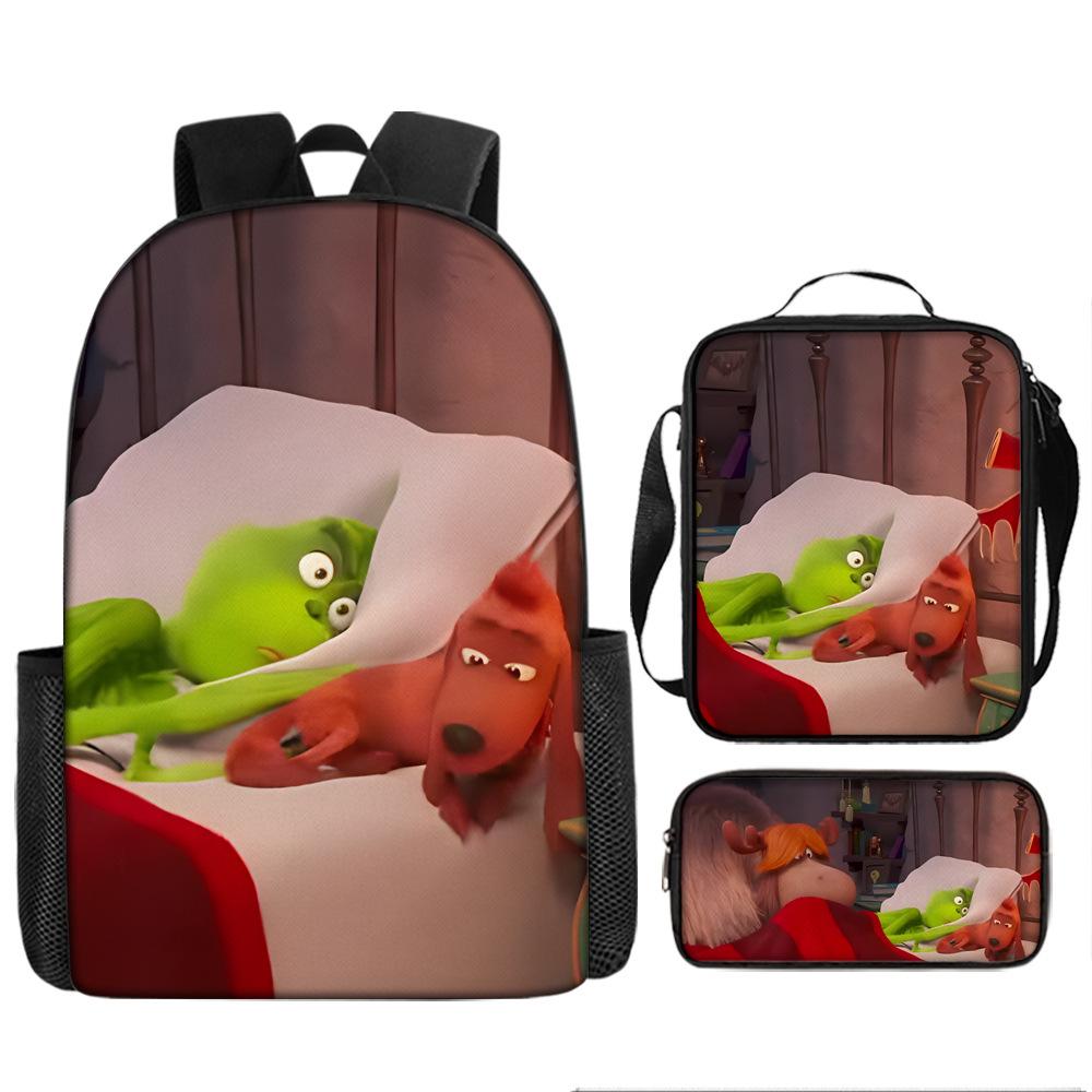 Green Hair Monster Grinch School Bag Campus 12345th and 6th Grade Backpack Lightweight Weight Loss Computer Bag Three-piece Set