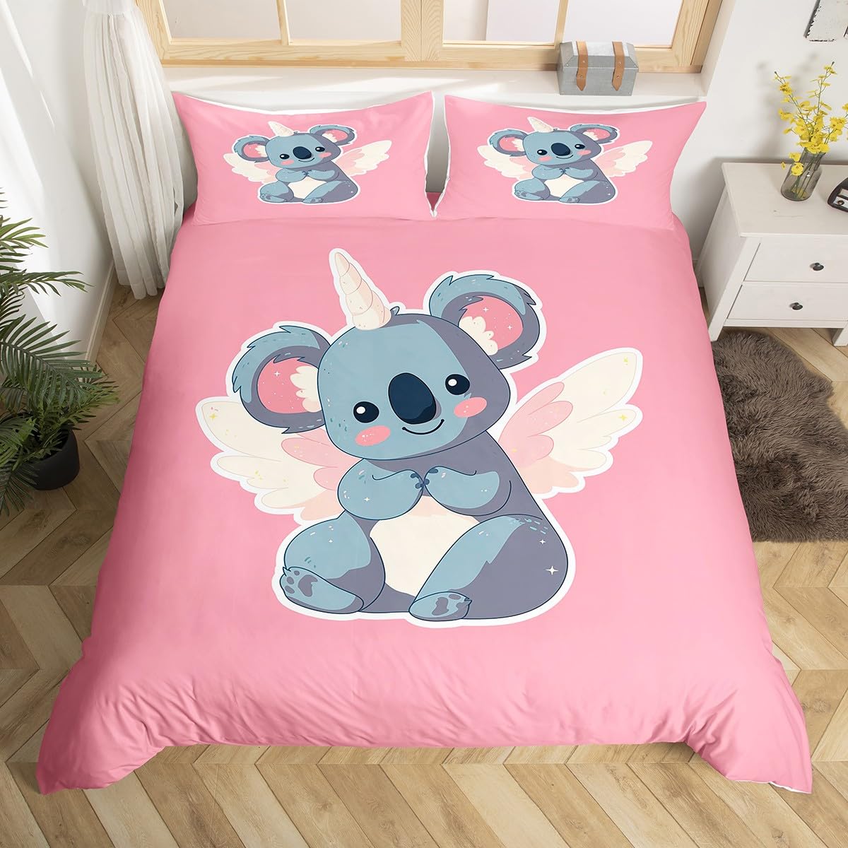 

Cute Koala Duvet Cover Twin Size,Pink Hot Air Balloon Bedding Set Watercolor Flower Animals Comforter Cover Cartoon Quilt Cover Tool EU Single(135x200cm)