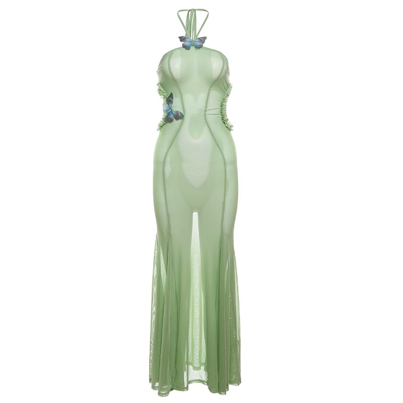 

# Sisjuly# Fresh Vacation Wizard of Oz Cut Out Slim Fit Ruffled Halterneck Butterfly Sling Dress Women Green M