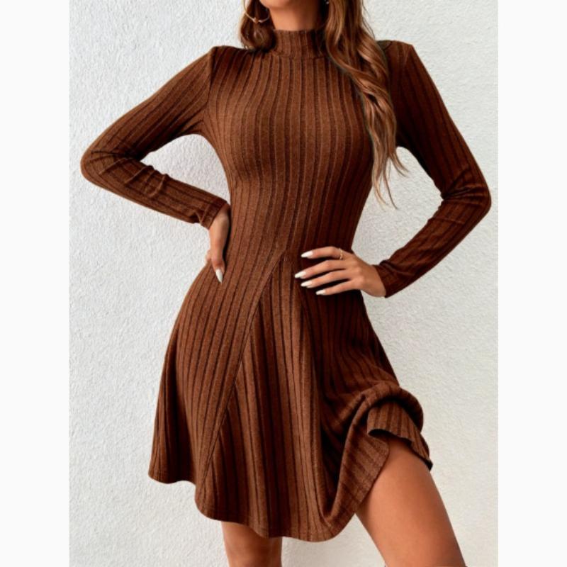 Long Sleeve Solid Rib-knit A-line Ruffle Dress, Casual Mock Neck, Women's Clothing
