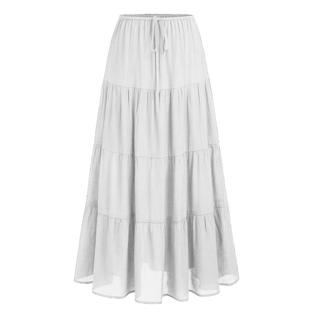 Women's Casual Maxi Skirts Summer Boho Solid Beach Elastic High Waist Pleated A-Line Flowy Swing Long Maxi Skirts Elastic Waist Long Skirt for Women