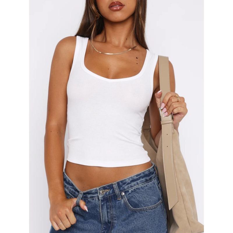 Women Solid Color High Elastic Ribbed Sexy Cropped Slim Fit Tank Top S