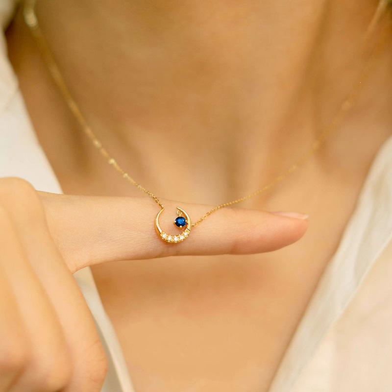 Gold-Plated S925 Sterling Silver Moon Necklace - Simple, Versatile Korean Style Pendant for Women. 18K Gold (Blue Diamond)