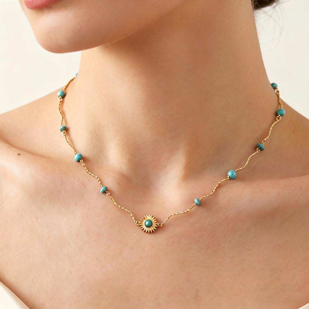 Stainless Steel Sun Pendant Necklace, Blue Natural Stone Beads Wave Chain Necklace for Women, Gold Plated Vintage Jewelry Gift