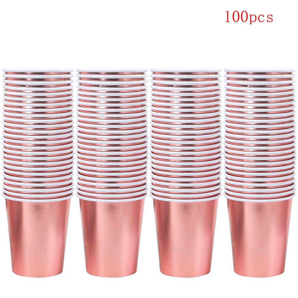 

100 упаковок одноразовых стаканчиков из розовой золотой фольги по 9 унций для вечеринок, свадеб, дней рождения, столовых приборов 100pcs розового золота