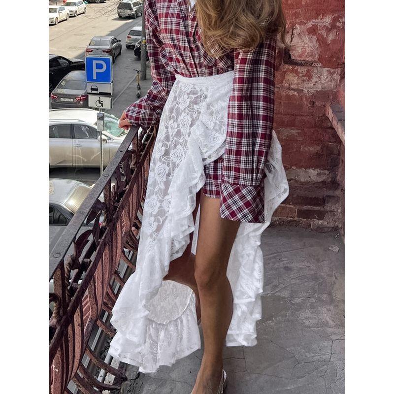 European and American Skirt Women's Fashion Irregular White Lace Long Dress Summer All-Matching Skirts 2025 New