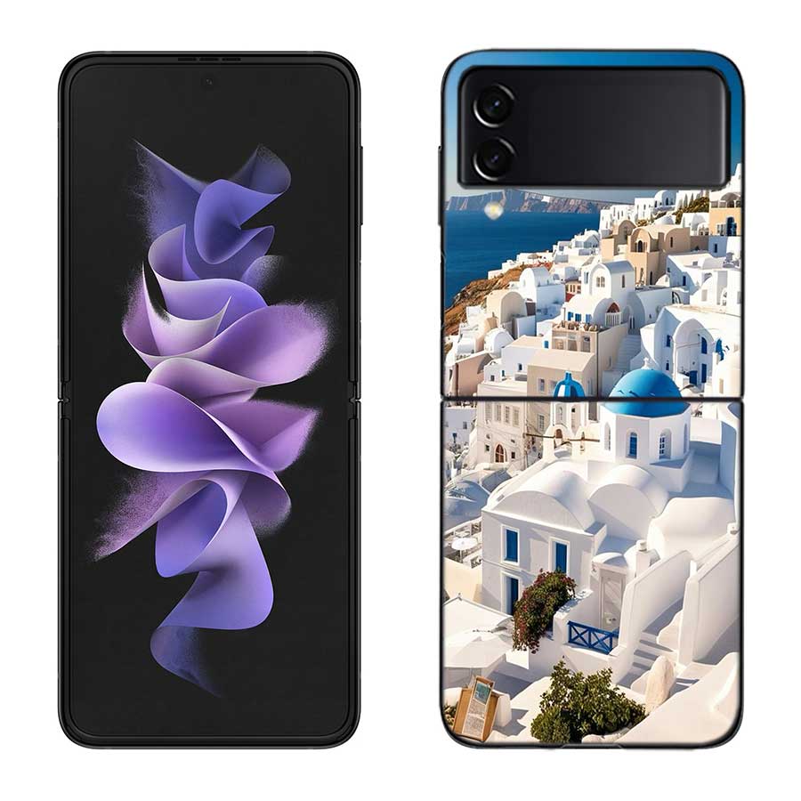 Greece in summer. Santorini Case For Samsung Z Flip 6 5G Galaxy Z Flip 5 4 3 5G Black Hard Cell Phone Cover Luxury PC Shell Coqu Samsung Z Flip 3 5G