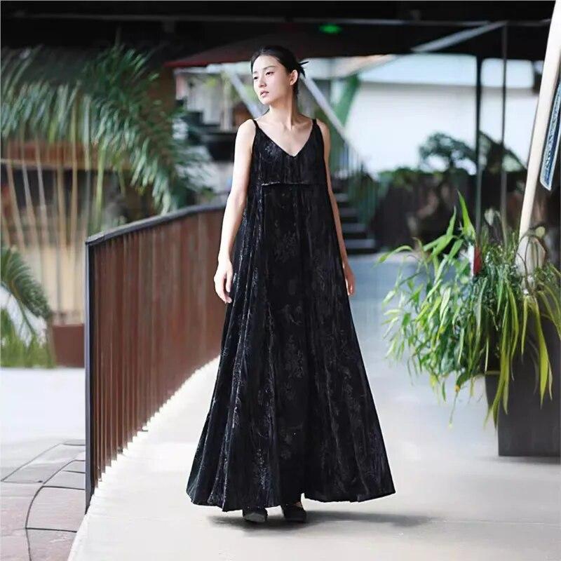 Johnature Woman Spring Fashion Chinese Style Print Casual Dress Solid Color Niche Sleeveless V-neck Vintage Dress