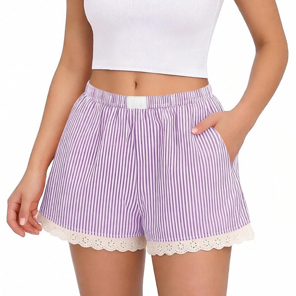 Women's Fashion Striped Shorts with Lace Trim Elastic Waistband Casual Summer Beachwear Comfortable Lightweight Lounge Bottoms