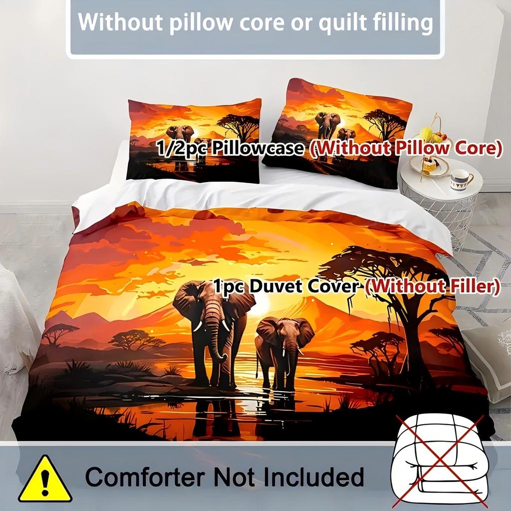 Sunset Mountain Range African Grassland Elephant Duvet Cover Soft Comfortable Bedding Set Wildlife Theme Quilt Cover Pillowcase