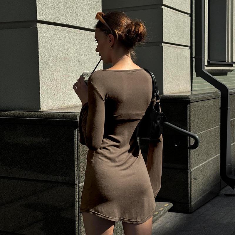 2025 European & American Women's Autumn/Winter Fashion: Round Neck Long Sleeve Sexy Slimming Short Dress