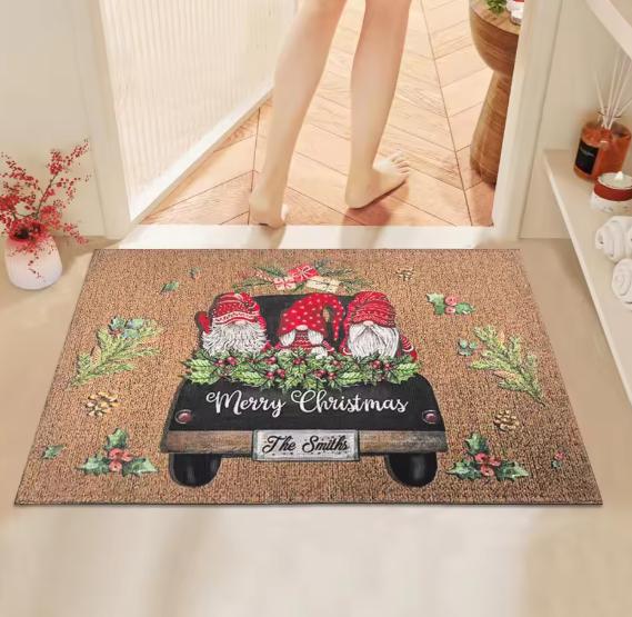 Christmas Gnome Cork Welcome Doormat, Merry Christmas Red Gnomes Gift Wreath Non Slip Front Door Mat, Winter Holiday Decor Rug