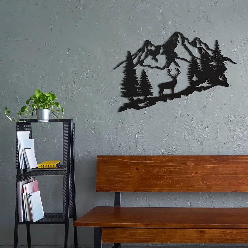 1pc Modern Black Deer & Tree Metal Wall Decor Stunning Animal Mountain Plaque Elegant Iron Art Silhouette for Stylish Home Decor
