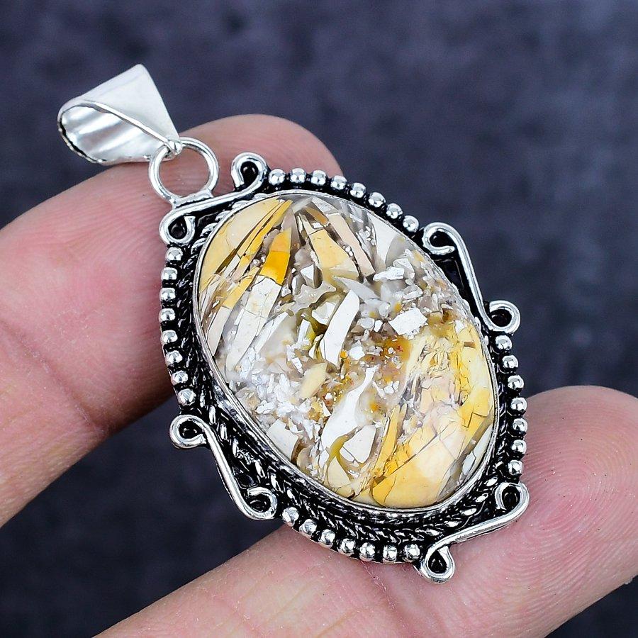 Natural Brecciated Mookaite Gemstone 925 Sterling Silver Pendant 2.05" ETC-14193