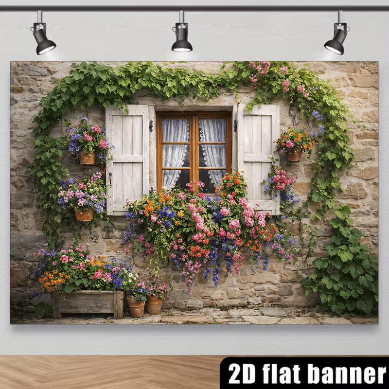 2D Vintage Steinhaus mit Blumenkästen & Efeu-Kulisse Foto Hintergrund