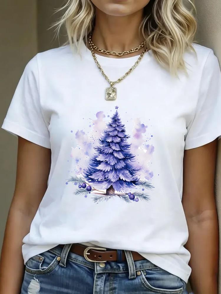 (Asian Size) tree watercolor  T Shirt Print Casual New Year Short Sleeve T-shirts Merry Christmas Fashion Women's Top O-neck Clothing Graphic Tee
