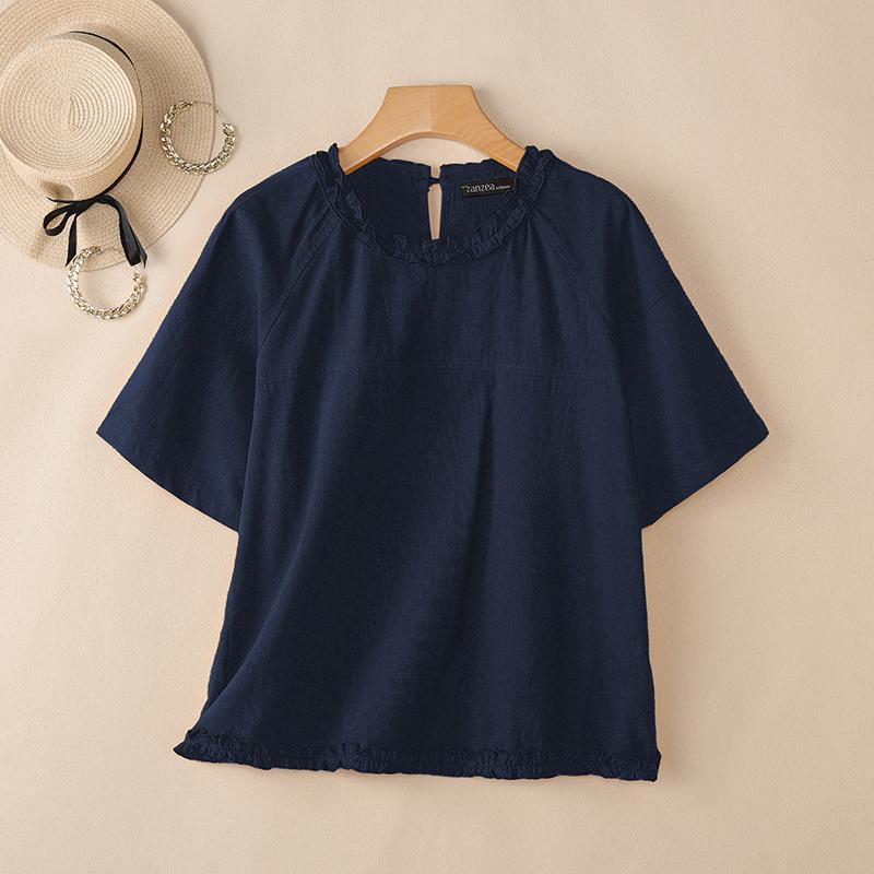 ZANZEA Women Casual Round Neck Solid Color Short Sleeve Blouse