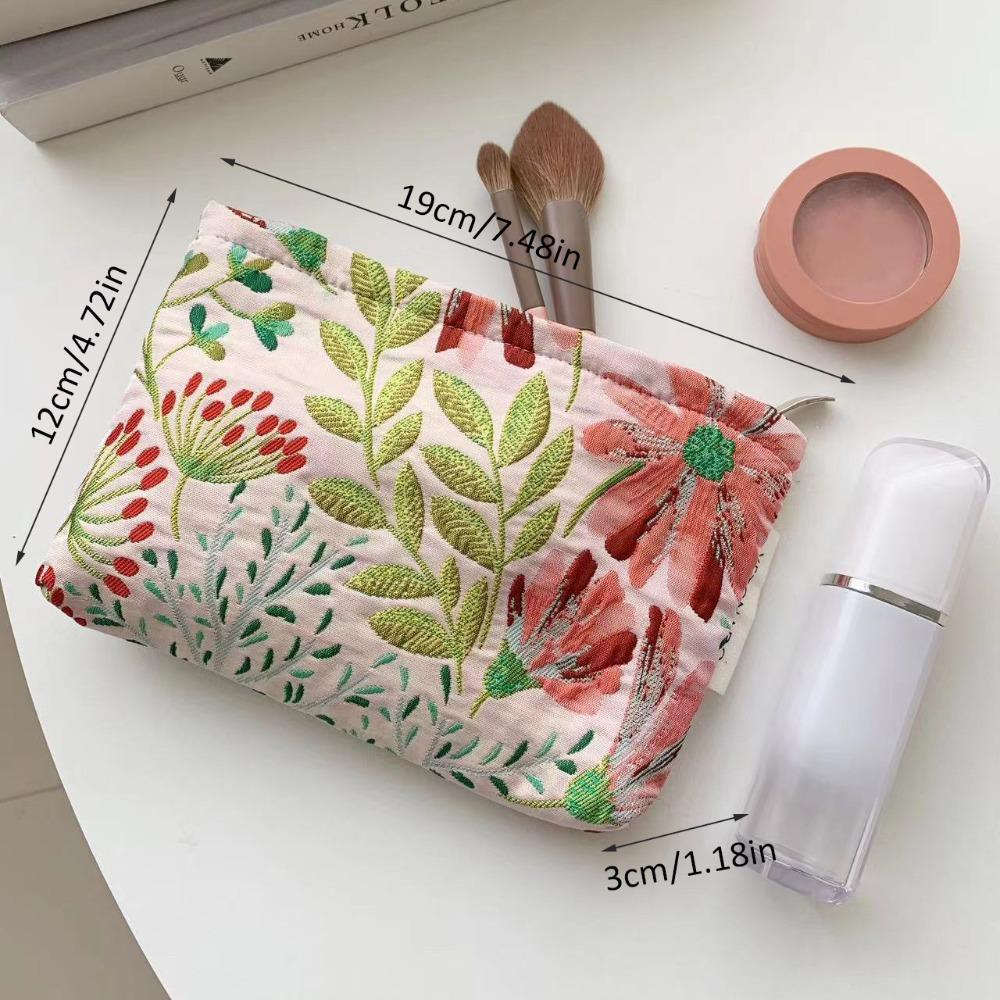 Polyester Canvas Flower Clutch Bag Large Capacity Zipper Closure Cosmetic Storage Pouch Portable Flower Pattern Makeup Bag