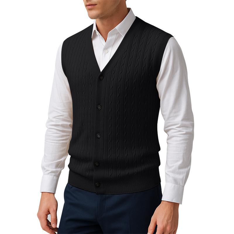 Herbst Herren Zopfstrickweste V-Ausschnitt Knopfleiste Ärmellos Strickweste Outdoor Business Leicht Streetwear