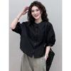 Designed Splicing Round Neck Short-sleeved Shirt for Women New Style Loose Top Cardigan