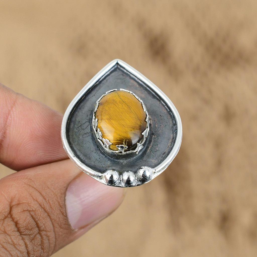 Natural Tiger'S Eye Gemstone 925 Silver Promise Adjustable Ring For Girls
