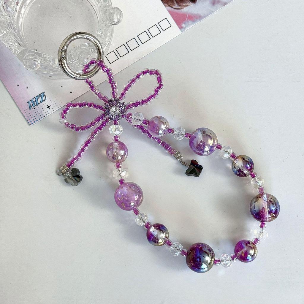 Creative Starry Sky Beaded Phone Charm with Bow and Flower Accents - Anti-Lost Pendant Keychain Lanyard