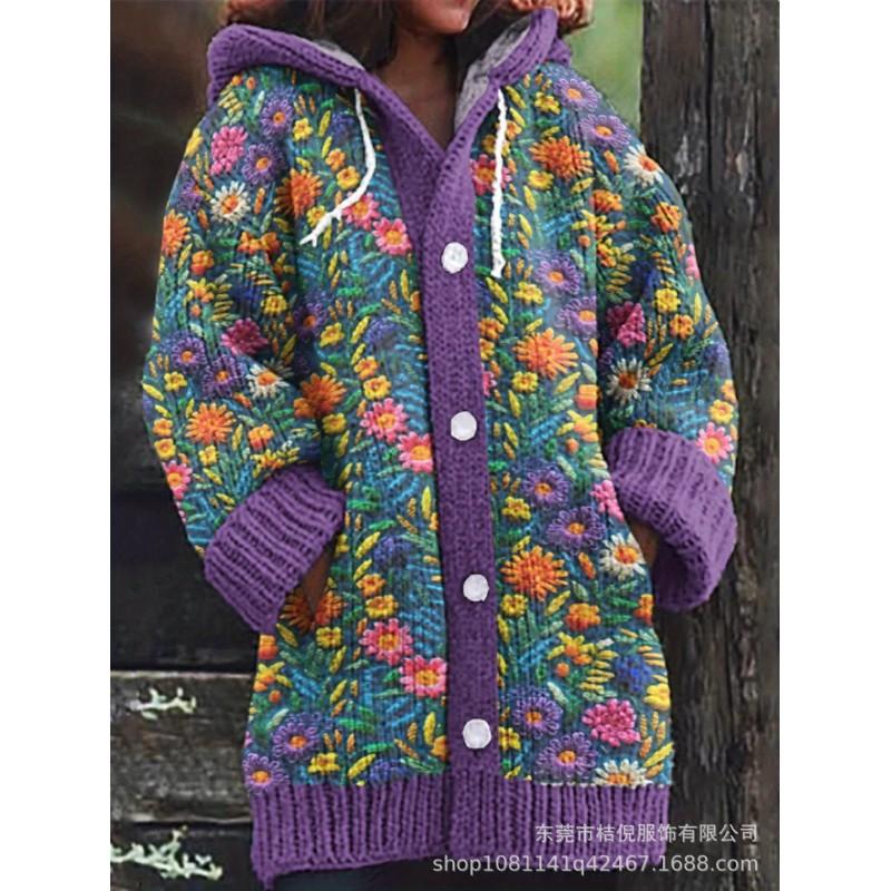 Womens Oversized Hooded Knit Cardigan With 3D Print Button Front Long Sleeve Casual Sweater