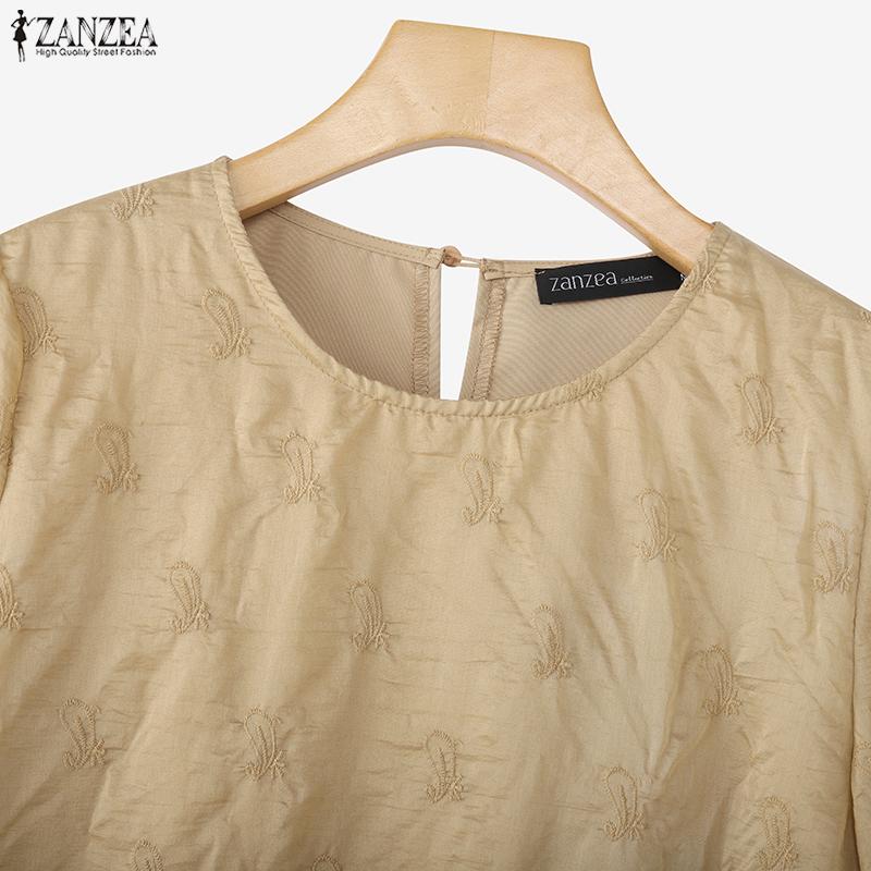 ZANZEA Women Round Neck 3/4 Sleeve Loose Casual Embroidery Patchwork Blouse